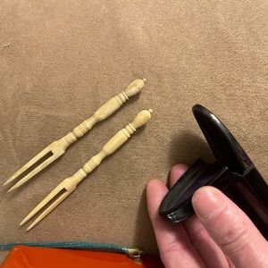 Antique Chinese ivory hair forks with case